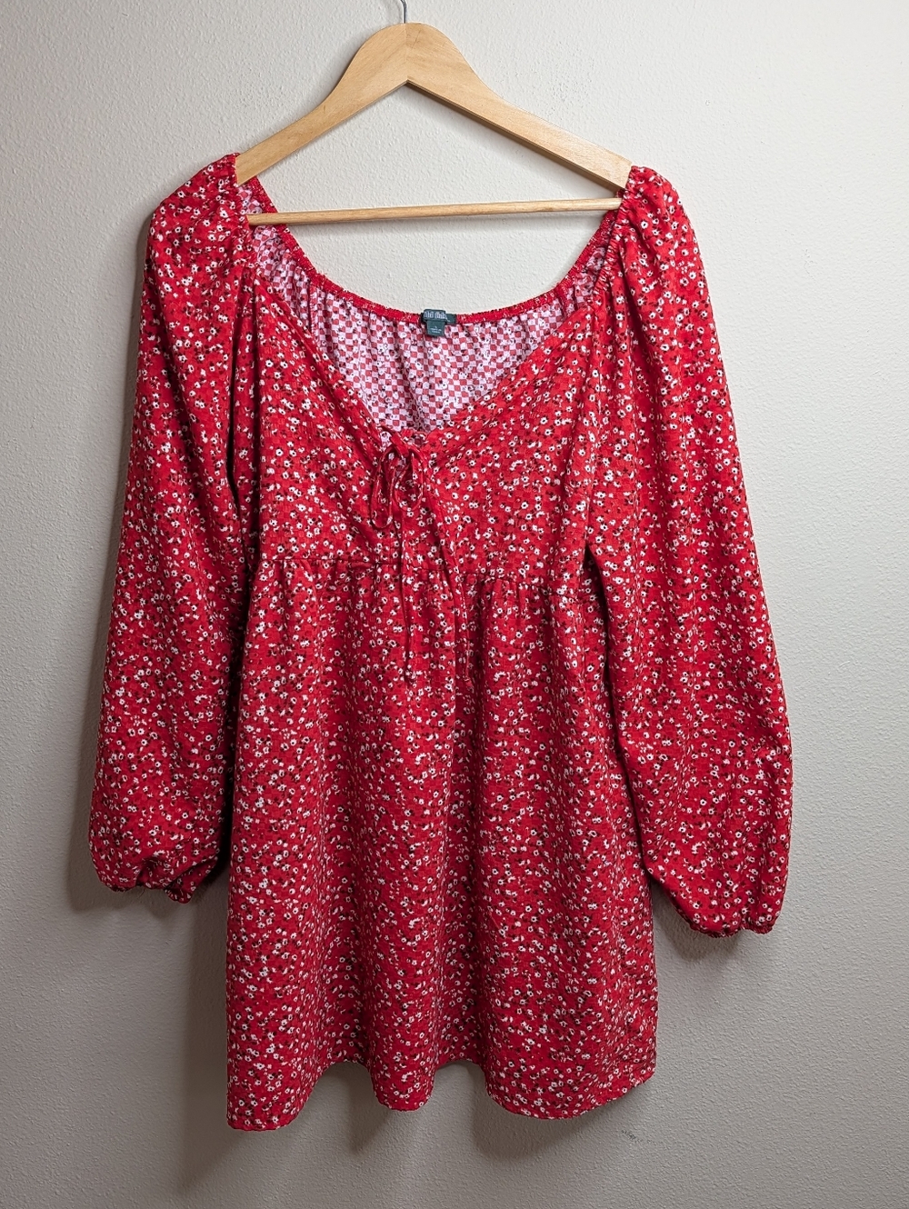Wild Fable Mixed Print Babydoll Top | Size L | Red Floral & Checker